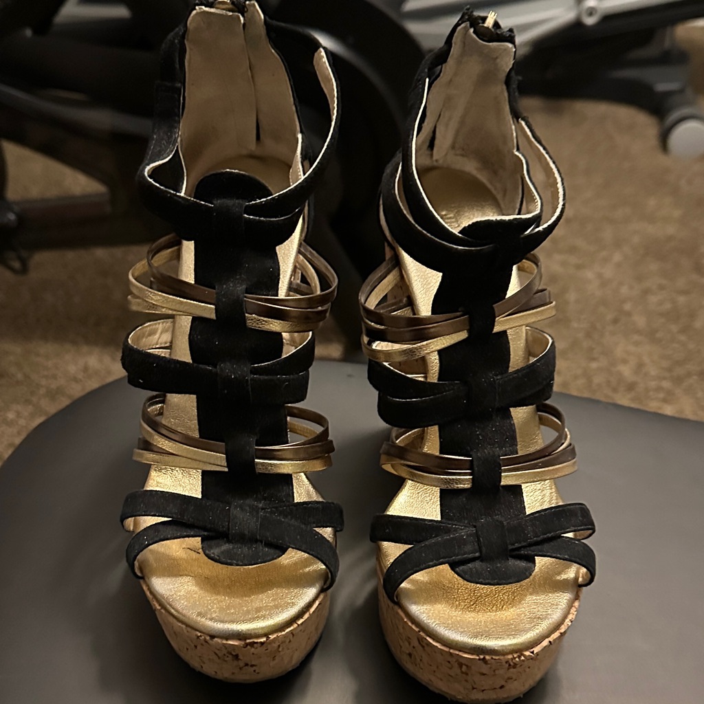 Jimmy Choo Black And Gold Strappy Platforms